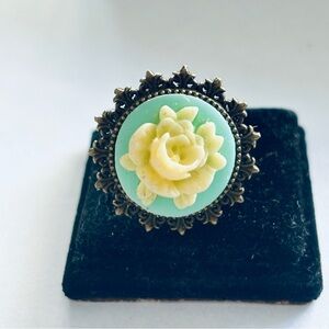 Blue and Cream Rose Cameo Handmade Adjustable Ring, NWT